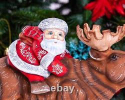 Wooden carved Santa Claus figurine riding a moose, Christmas gift home decor