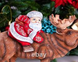 Wooden carved Santa Claus figurine riding a moose, Christmas gift home decor