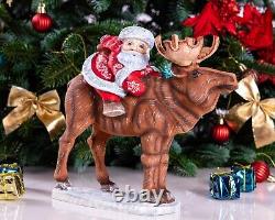 Wooden carved Santa Claus figurine riding a moose, Christmas gift home decor