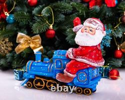 Wooden hand carved Santa Claus Figurine riding a train, Christmas home decor