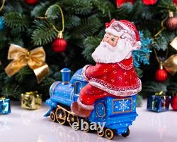 Wooden hand carved Santa Claus Figurine riding a train, Christmas home decor