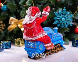 Wooden hand carved Santa Claus Figurine riding a train, Christmas home decor