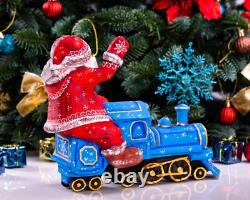 Wooden hand carved Santa Claus Figurine riding a train, Christmas home decor