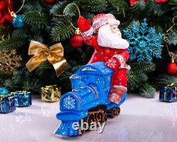 Wooden hand carved Santa Claus Figurine riding a train, Christmas home decor