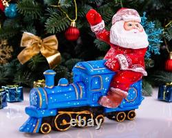Wooden hand carved Santa Claus Figurine riding a train, Christmas home decor