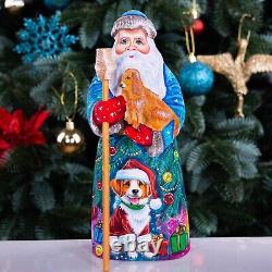 Wooden hand carved Santa Claus Figurine with dog 9, Christmas home decor