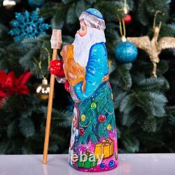 Wooden hand carved Santa Claus Figurine with dog 9, Christmas home decor