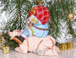 Wooden hand carved Santa Claus figurine riding a bear, Christmas home decor